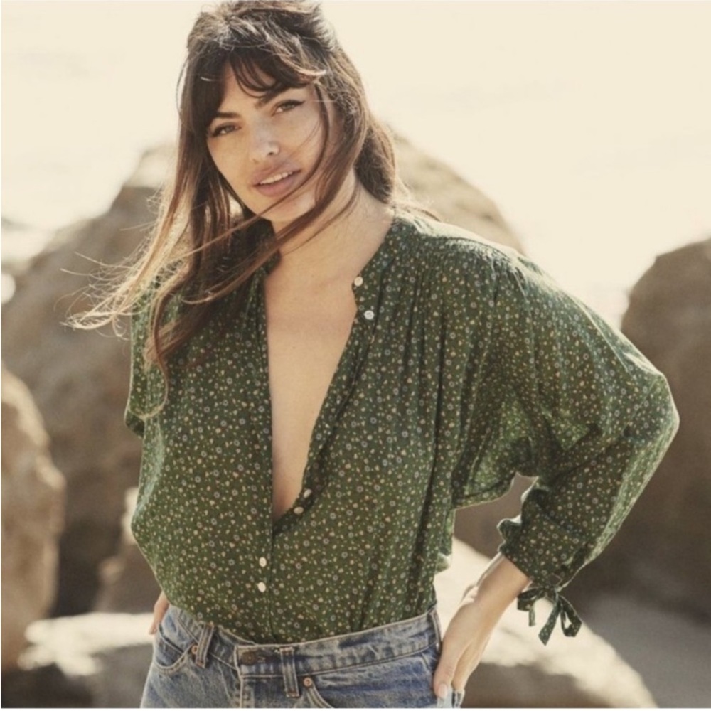 Doen Green Boxy 3/4 Sleeve Blouse with Mandarin Collar - O'Keefe Top. Size M. - Picture 5 of 5